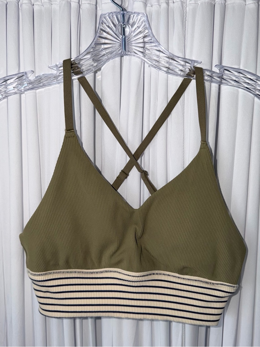 aerie Olive Ribbed Crossback Bralette with Striped Band